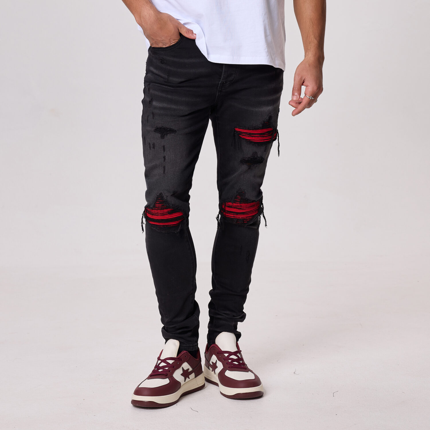 Aged Black Red Suede Jeans - Image 2